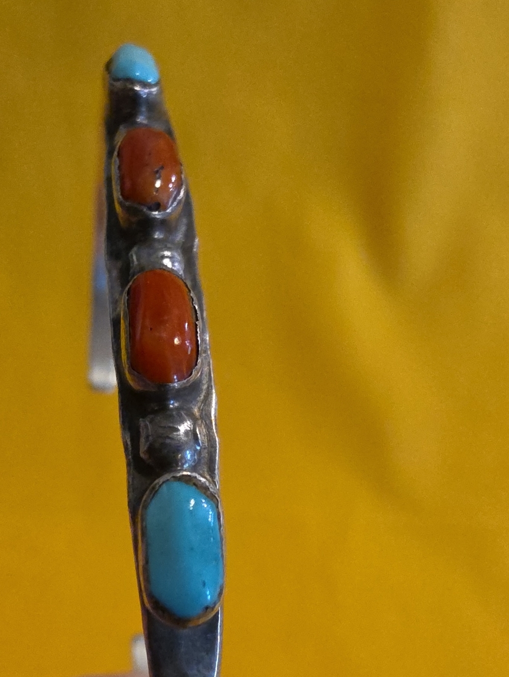 Navajo Silver, Turquoise & Coral Stone Cuff Bracelet ▪︎ Unmarked ▪ A Beauty!